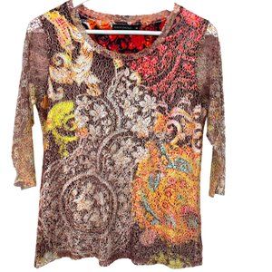 ANONYMOUS Womens M Multicolor Floral Embellished Burnout 3/4 Sleeve Blouse